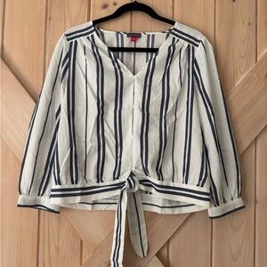 Vince Camuto White & Navy Vertical Stripe Tie-Front Blouse